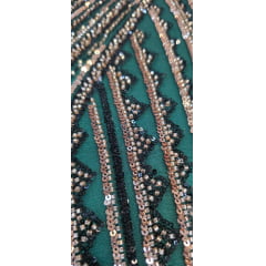 Tule Bordado Premium com Pedrarias Verde Floresta Multicolor HS4300