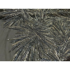 Tule Bordado Premium Com Pedrarias Verde Militar Com Dourado  HT97428