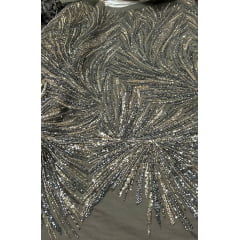 Tule Bordado Premium Com Pedrarias Verde Militar Com Dourado  HT97428