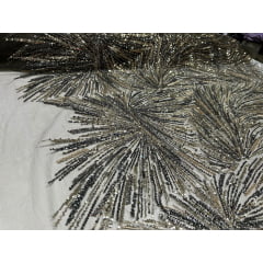 Tule Bordado Premium Com Pedrarias Verde Militar Com Dourado  HT97428