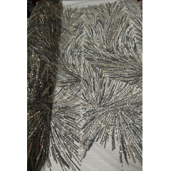 Tule Bordado Premium Com Pedrarias Verde Militar Com Dourado  HT97428