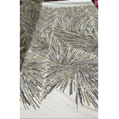 Tule Bordado Premium Com Pedrarias Verde Militar Com Dourado  HT97428