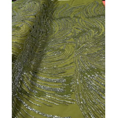 Tule Bordado Premium com Pedrarias Verde Oliva HS1869