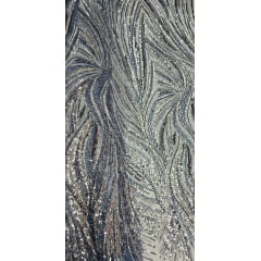 Tule Bordado Premium Elegance Paris Azul Serenity com Prata Modelo 01424