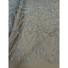 Tule Bordado Premium Nude Claro com Pedrarias e Franjas HT24083  
