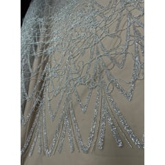Tule Bordado Premium Nude Claro com Pedrarias e Franjas HT24083  