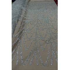 Tule Bordado Premium Nude Claro com Pedrarias e Franjas HT24083  