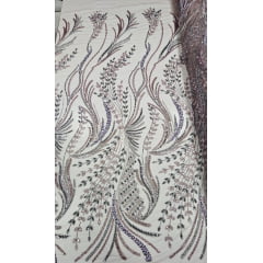 Tule Bordado Premium Rosê com Pedrarias Multicolor Lavanda e Cinza F932