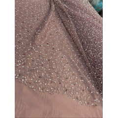 Tule Bordado Rosê com Pedrarias Multicolor JDST