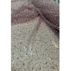 Tule Bordado Rosê com Pedrarias Multicolor JDST