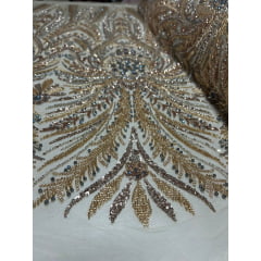 Tule Bordado Com Pedraria Super Luxo Gold HT97144