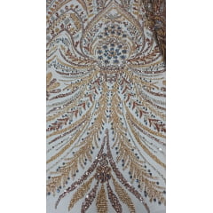 Tule Bordado Com Pedraria Super Luxo Gold HT97144
