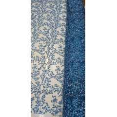 Tule com Glitter Diamond Flores e Galhos Azul Petróleo Claro