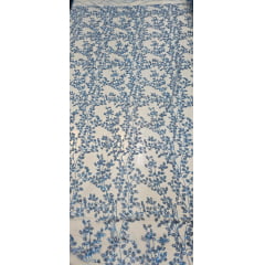 Tule com Glitter Diamond Flores e Galhos Azul Petróleo Claro