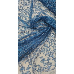 Tule com Glitter Diamond Flores e Galhos Azul Petróleo Claro