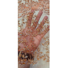 Tule com Glitter Diamond Flores e Galhos Terracota
