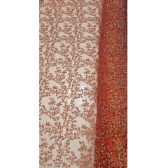 Tule com Glitter Diamond Flores e Galhos Terracota
