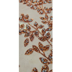 Tule com Glitter Diamond Flores e Galhos Terracota