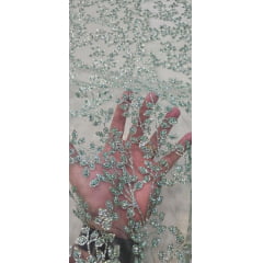 Tule com Glitter Diamond Flores e Galhos Verde Menta
