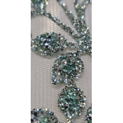 Tule com Glitter Diamond Flores e Galhos Verde Menta