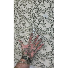 Tule com Glitter Diamond Flores e Galhos Verde Militar