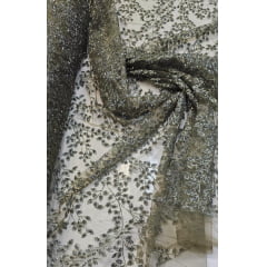 Tule com Glitter Diamond Flores e Galhos Verde Militar