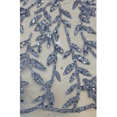 Tule com Glitter Ramos em Alto Relevo Azul Serenity