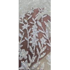 Tule com Glitter Ramos em Alto Relevo Branco