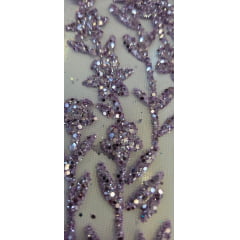 Tule com Glitter Ramos em Alto Relevo Lilás