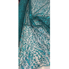 Tule com Glitter Ramos em Alto Relevo Verde Esmeralda