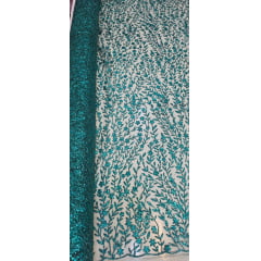 Tule com Glitter Ramos em Alto Relevo Verde Esmeralda Tule com Glitter Ramos em Alto Relevo Verde Esmeralda