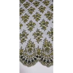 Tule Preto Bordado Coreano Verde Oliva Com Fio Metálico e  Pedrarias em Ouro Velho 9352