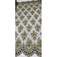 Tule Preto Bordado Coreano Verde Oliva Com Fio Metálico e  Pedrarias em Ouro Velho 9352