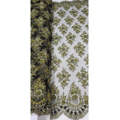 Tule Preto Bordado Coreano Verde Oliva Com Fio Metálico e  Pedrarias em Ouro Velho 9352