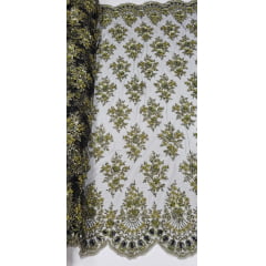 Tule Preto Bordado Coreano Verde Oliva Com Fio Metálico e  Pedrarias em Ouro Velho 9352
