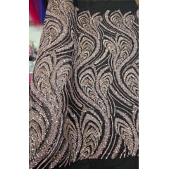 Tule Preto Bordado Premium com Pedrarias Rosê  HS1055  