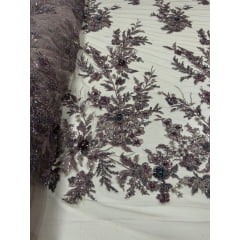 Tule Rosê Bordado com Pedrarias Premium Lavanda  3D  Modelo W1F2758 