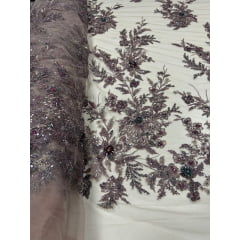 Tule Rosê Bordado com Pedrarias Premium Lavanda  3D  Modelo W1F2758 
