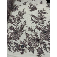 Tule Rosê Bordado com Pedrarias Premium Lavanda  3D  Modelo W1F2758 