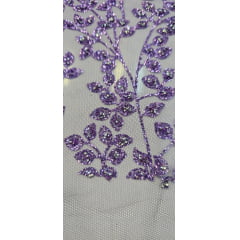 Tule Roxo com Glitter Diamond Flores e Galhos Lilás