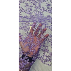 Tule Roxo com Glitter Diamond Flores e Galhos Lilás