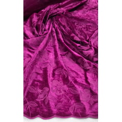Veludo Cristal Bordado Floral Fucsia