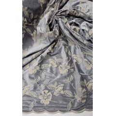 Veludo Cristal Bordado Floral Prata