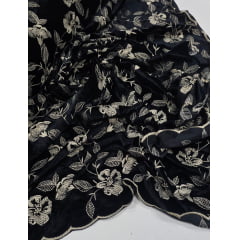 Veludo Cristal Bordado Floral Preto