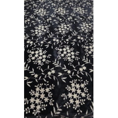 Veludo Cristal Bordado Floral Pudong Preto com Kaki
