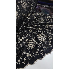 Veludo Cristal Bordado Floral Pudong Preto com Kaki