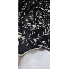 Veludo Cristal Bordado Floral Pudong Preto com Kaki