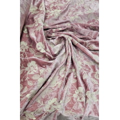 Veludo Cristal Bordado Floral Rosê