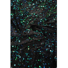 Veludo Cristal Bordado Preto Holográfico Verde