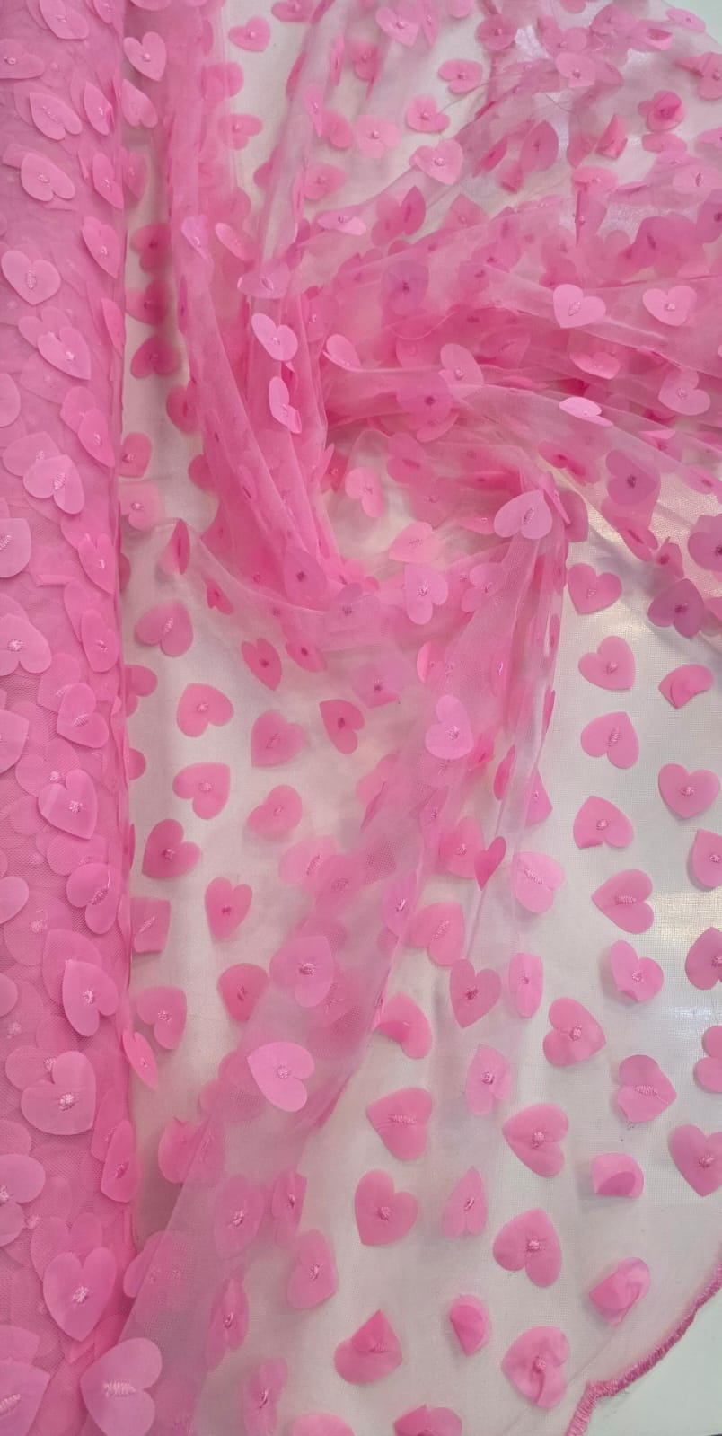 Tule Bordado Alegra 3D Coração Rosa Bebê